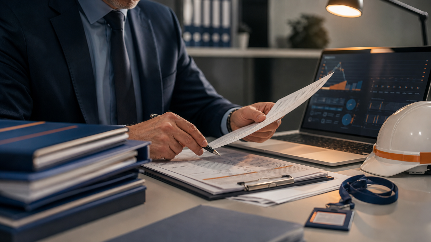 Auditor revisando contratos de servicios especializados y documentos REPSE