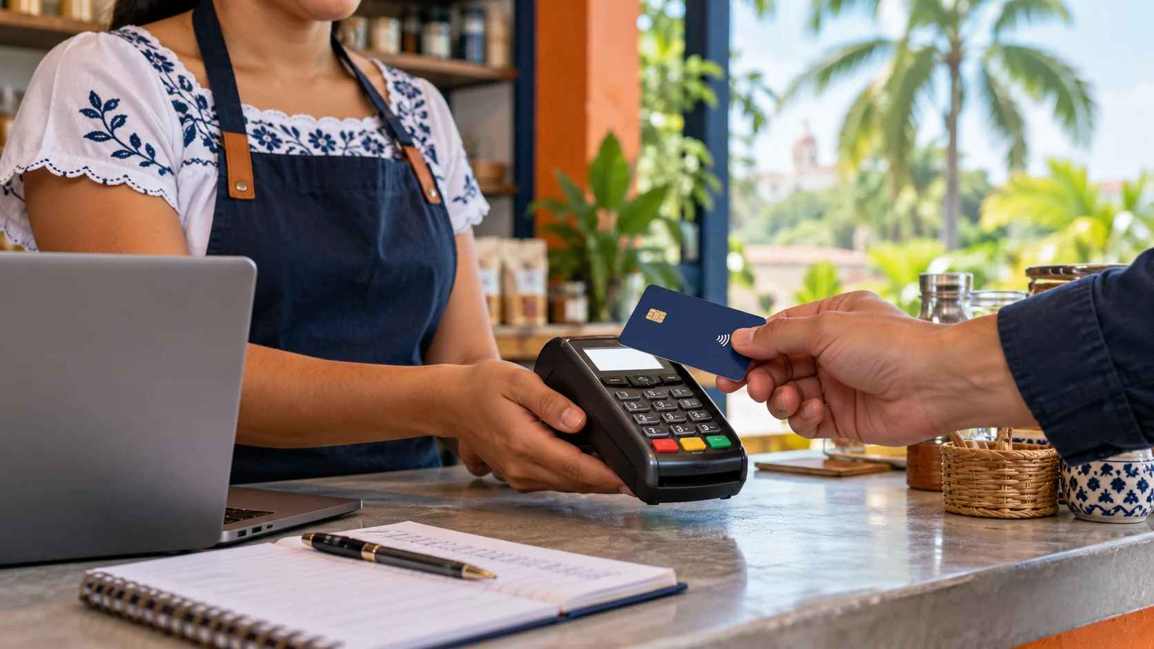 Comerciante recibiendo un pago con tarjeta en un negocio con luz tropical