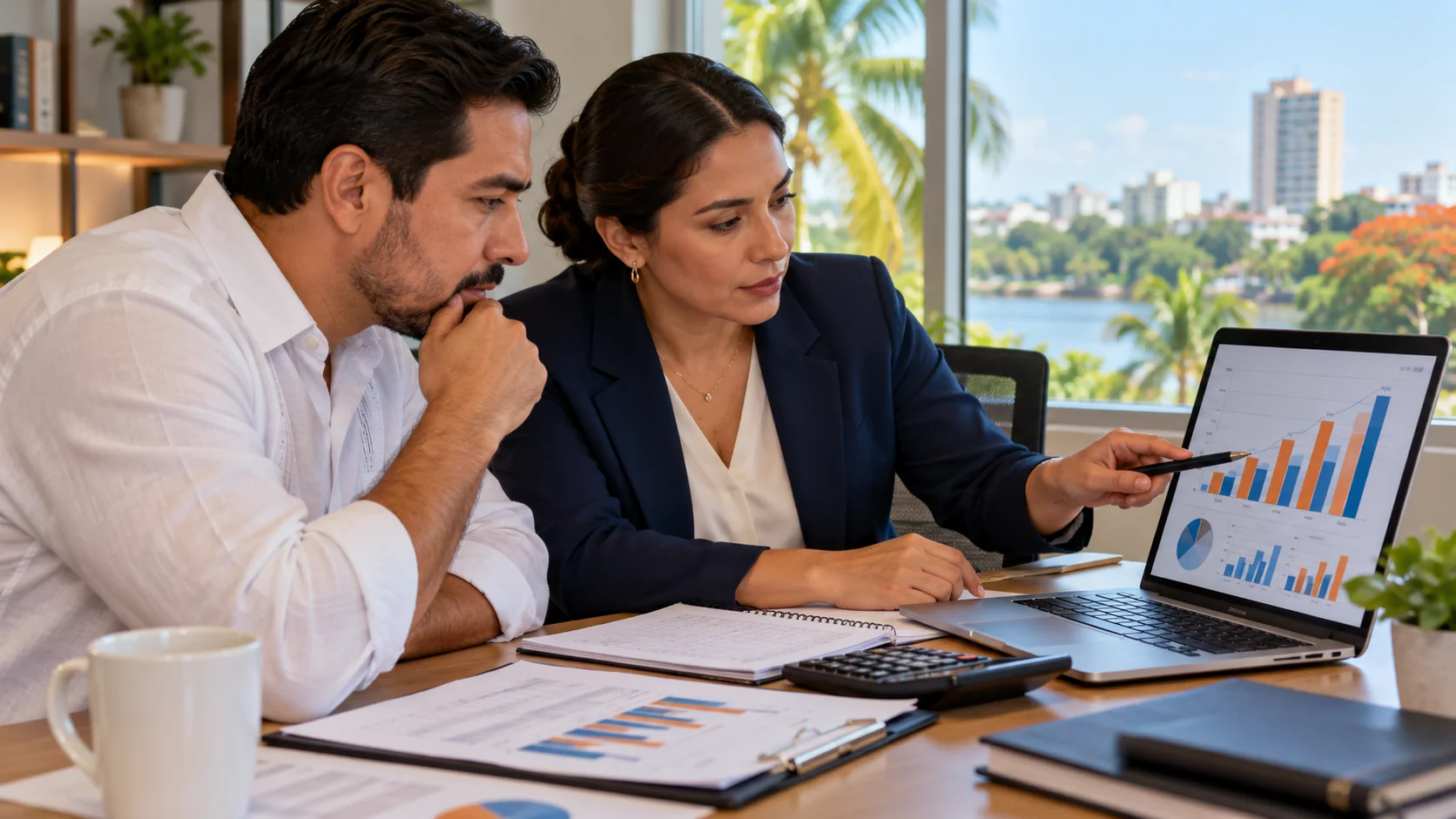 Empresario y asesora contable comparando proyecciones financieras en una oficina